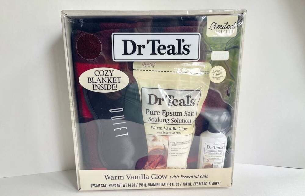 Dr Teal's Warm Vanilla Glow Gift Set Cozy Blanket Eye Mask 4-Piece